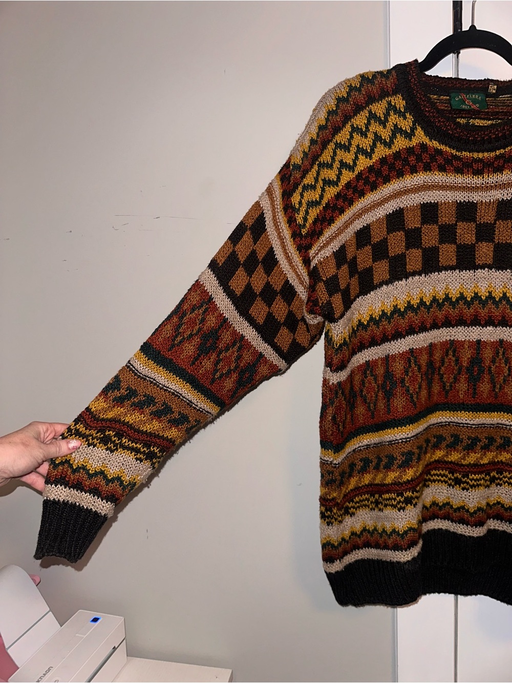 Gaeltarra Linen Blend Mens Crewneck Striped 
Sweater in Brown, Rust & Mustard - Picture 3 of 9